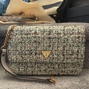 GUESS Tweed Crossbody Bag with Gold Chain